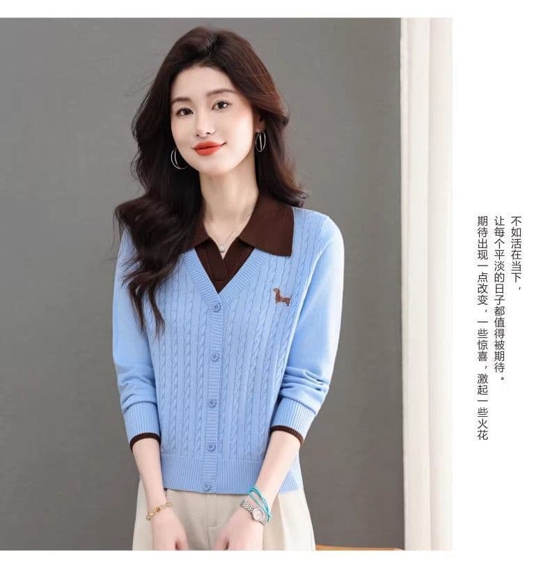 한 부서 패션 새로운 스웨터 봄 가을 폴로 칼라 페이크 레이어드 설정 칼라 트위스트 꽃 루즈핏 만나는 양모 니트 스웨터 상세 이미지 14