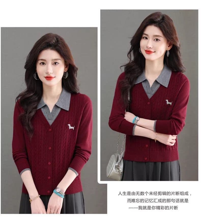 한 부서 패션 새로운 스웨터 봄 가을 폴로 칼라 페이크 레이어드 설정 칼라 트위스트 꽃 루즈핏 만나는 양모 니트 스웨터 상세 이미지 16