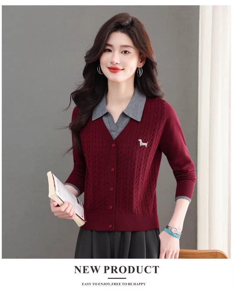 한 부서 패션 새로운 스웨터 봄 가을 폴로 칼라 페이크 레이어드 설정 칼라 트위스트 꽃 루즈핏 만나는 양모 니트 스웨터 상세 이미지 17