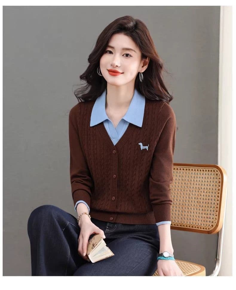 한 부서 패션 새로운 스웨터 봄 가을 폴로 칼라 페이크 레이어드 설정 칼라 트위스트 꽃 루즈핏 만나는 양모 니트 스웨터 상세 이미지 18