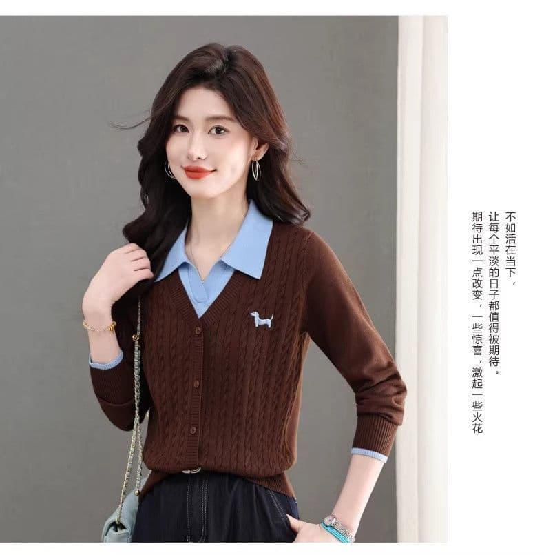 한 부서 패션 새로운 스웨터 봄 가을 폴로 칼라 페이크 레이어드 설정 칼라 트위스트 꽃 루즈핏 만나는 양모 니트 스웨터 상세 이미지 19
