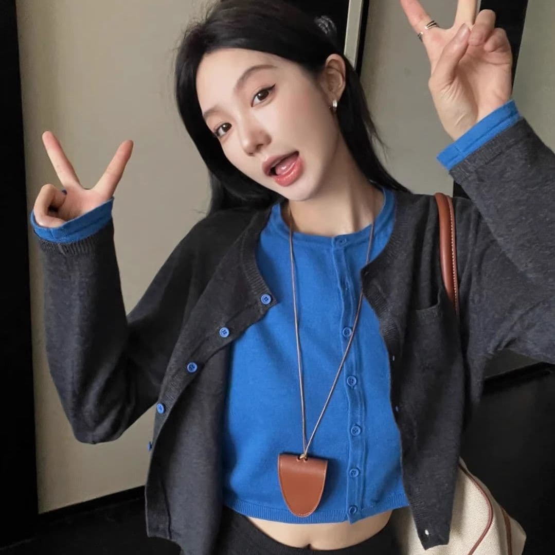 한 부서 패션 페이크 레이어드 니트 오픈 가디건 여성 봄 가을 쇼트 스타일 캐주얼 다용도 디자인 센스 작은 대중 품격 맨위 여성 이미지 2