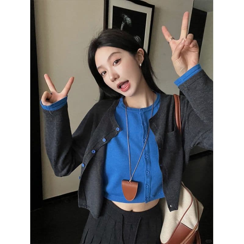 한 부서 패션 페이크 레이어드 니트 오픈 가디건 여성 봄 가을 쇼트 스타일 캐주얼 다용도 디자인 센스 작은 대중 품격 맨위 여성 상세 이미지 5