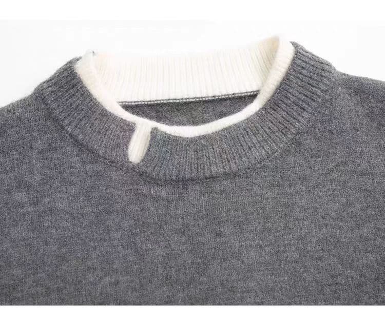 양모 니트 스웨터 세트 치마 디자인 센스 패치워크 페이크 레이어드 느긋한 바람 한 부서 스웨터 반신 스커트 투피스 세트 상세 이미지 13