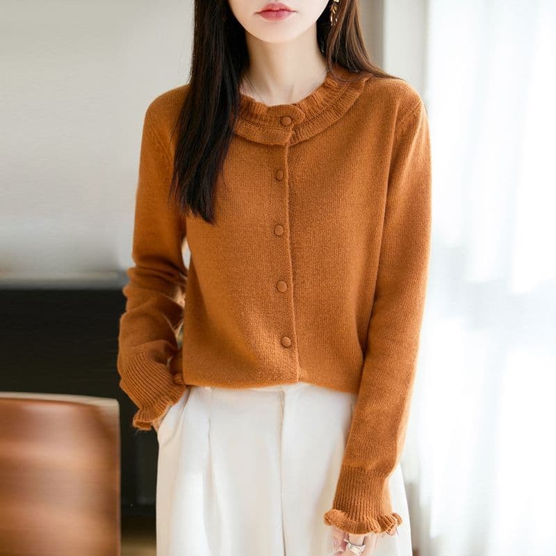 고급 작은 샤넬 스타일 프릴 외국 가스 니트 스웨터 루즈핏 스웨터 카디건 코트 뽕나무 누에 실크 맨위 기본 셔츠 여성 이미지 5