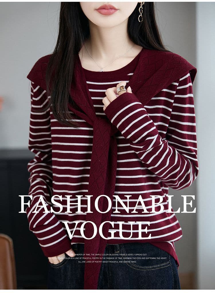 고급 배색 스트라이프 숄 투피스 세트 니트 스웨터 여성 스웨터 새로운 패션 다용도 캐주얼 슬림해 보이는 맨위 여성 상세 이미지 5