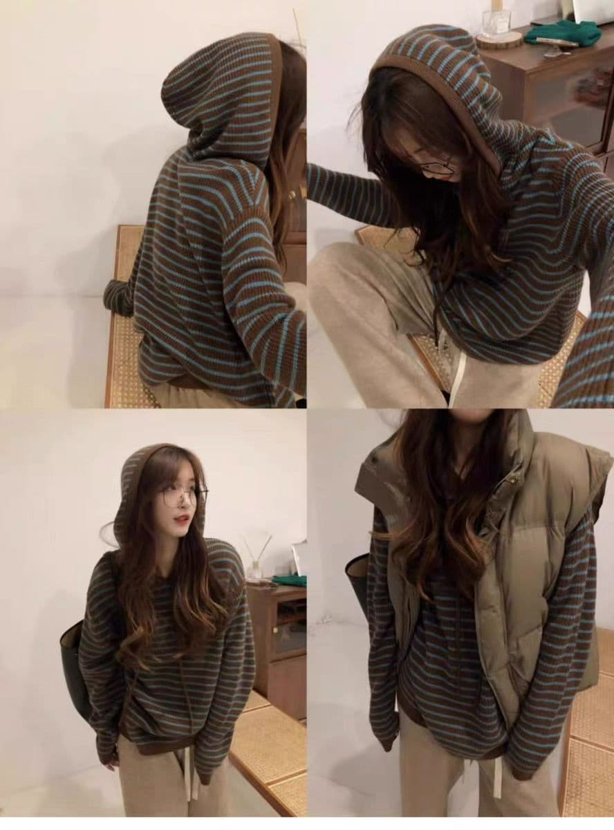 가을 겨울 새로운 후드 배색 스트라이프 양모 후드티 여성 루즈핏 느긋한 슬림해 보이는 스웨터 한 부서 니트 스웨터 맨위 상세 이미지 2