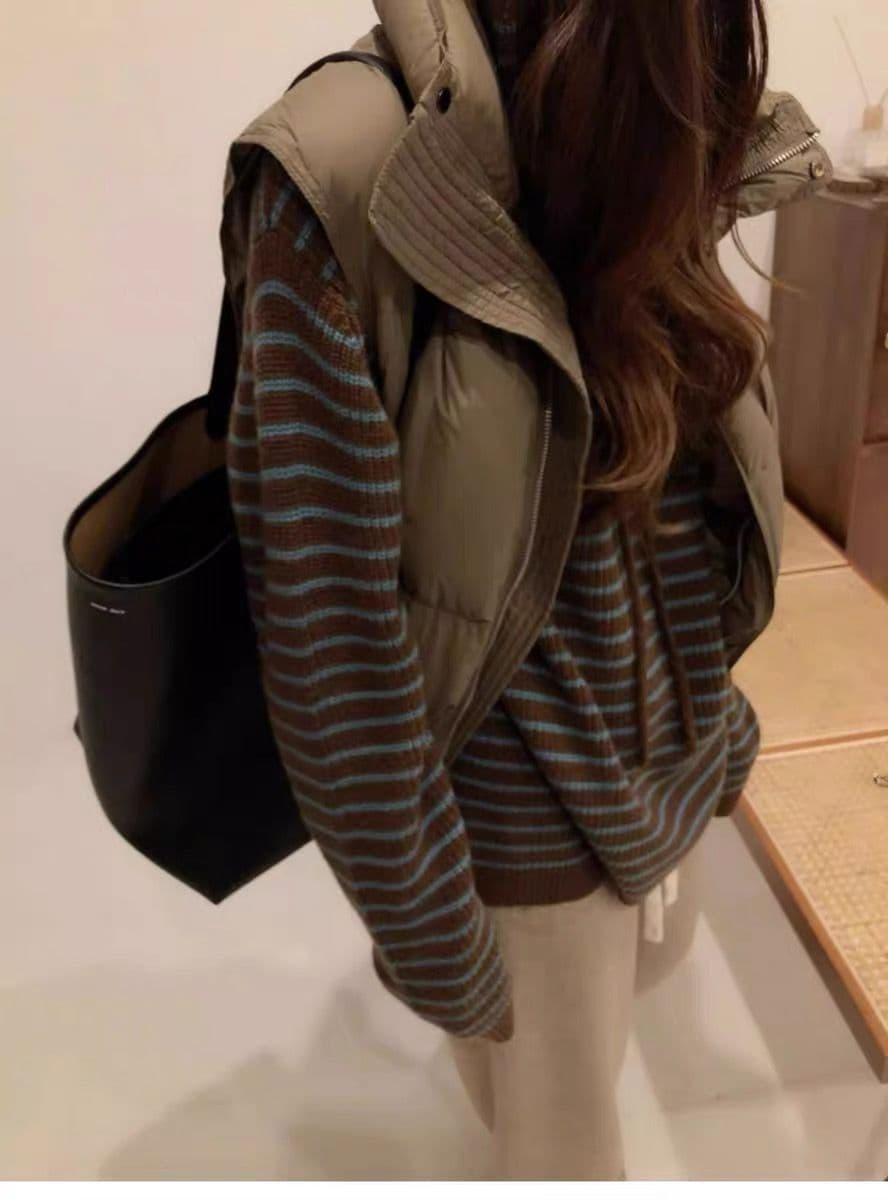 가을 겨울 새로운 후드 배색 스트라이프 양모 후드티 여성 루즈핏 느긋한 슬림해 보이는 스웨터 한 부서 니트 스웨터 맨위 상세 이미지 6