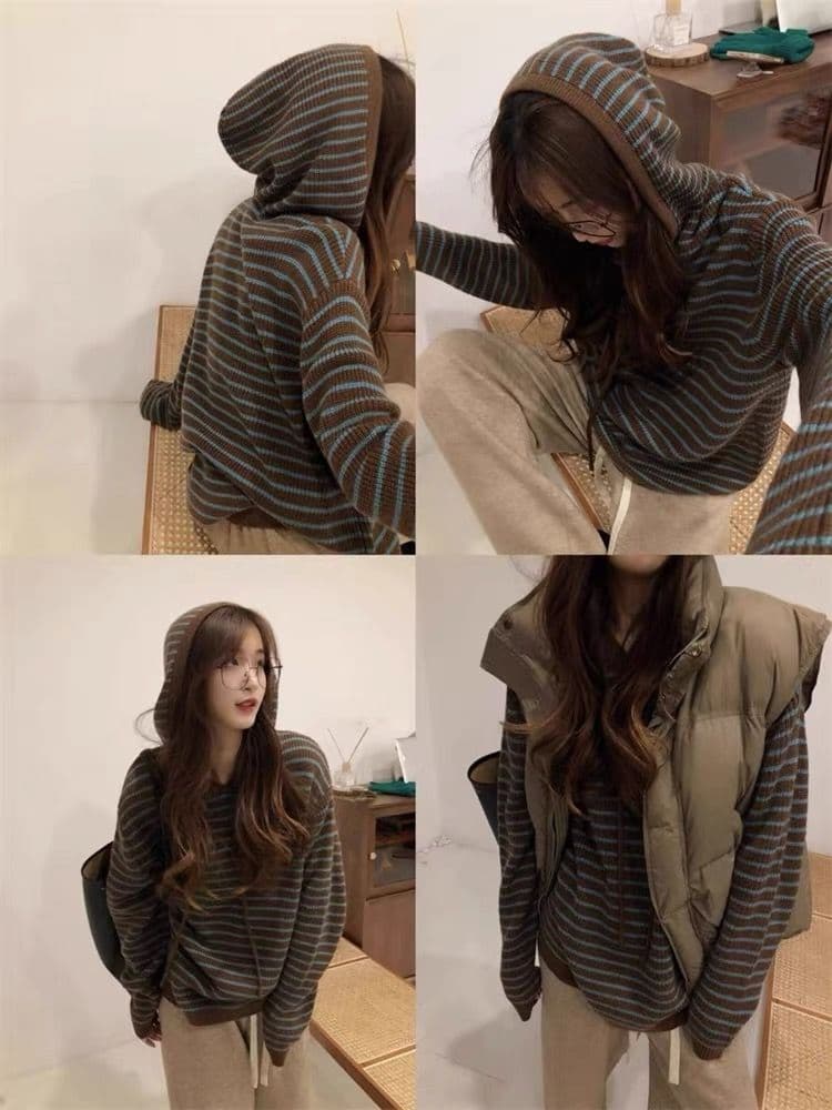 가을 겨울 새로운 후드 배색 스트라이프 양모 후드티 여성 루즈핏 느긋한 슬림해 보이는 스웨터 한 부서 니트 스웨터 맨위 상세 이미지 12