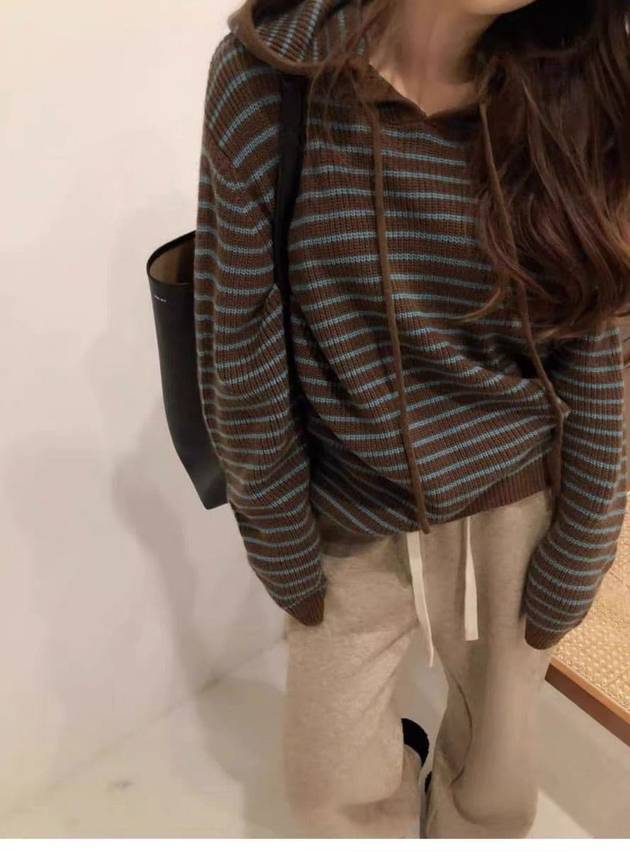 가을 겨울 새로운 후드 배색 스트라이프 양모 후드티 여성 루즈핏 느긋한 슬림해 보이는 스웨터 한 부서 니트 스웨터 맨위 상세 이미지 14