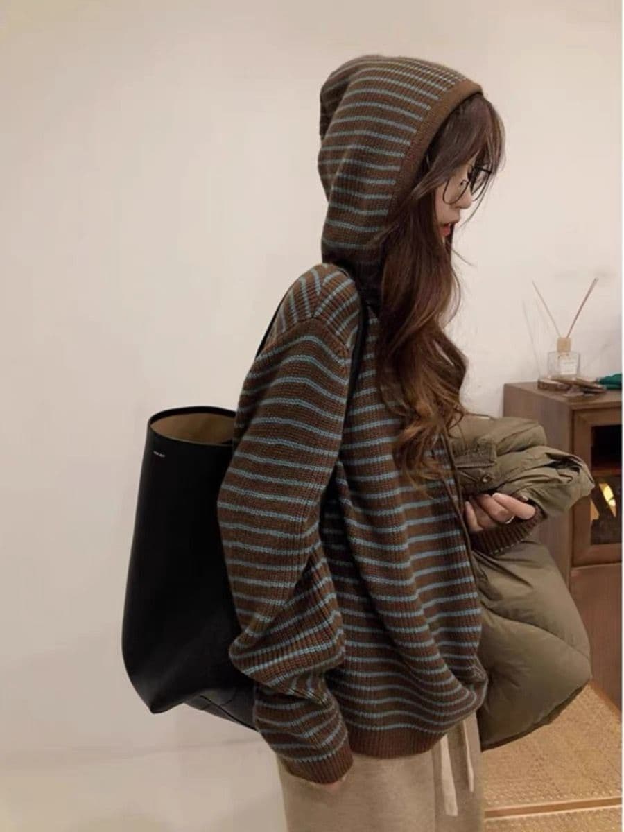 가을 겨울 새로운 후드 배색 스트라이프 양모 후드티 여성 루즈핏 느긋한 슬림해 보이는 스웨터 한 부서 니트 스웨터 맨위 상세 이미지 18