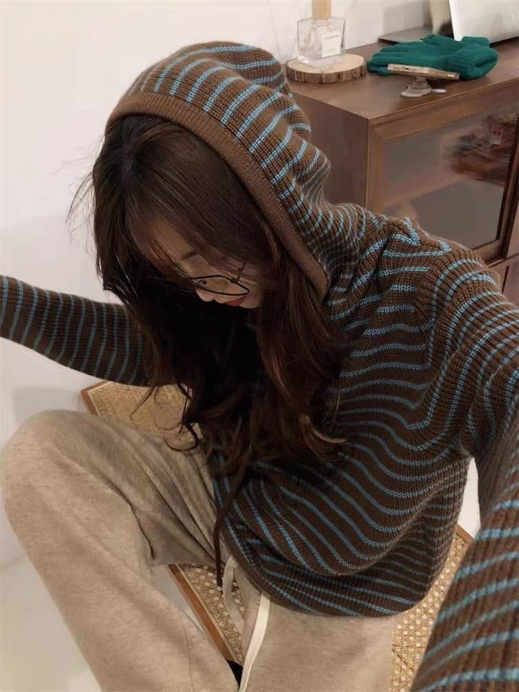 가을 겨울 새로운 후드 배색 스트라이프 양모 후드티 여성 루즈핏 느긋한 슬림해 보이는 스웨터 한 부서 니트 스웨터 맨위 상세 이미지 19