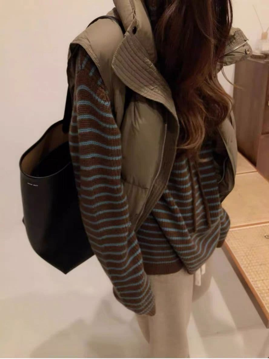 가을 겨울 새로운 후드 배색 스트라이프 양모 후드티 여성 루즈핏 느긋한 슬림해 보이는 스웨터 한 부서 니트 스웨터 맨위 상세 이미지 20