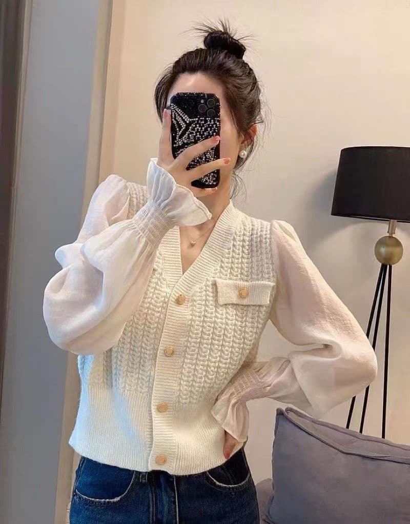 봄 가을 패션 V넥 프랑스식 골드 버클 패치워크 주간 실크 소매 밴딩 구두 캐주얼 다용도 슬림해 보이는 연령 감소 니트 스웨터 여성 상세 이미지 6