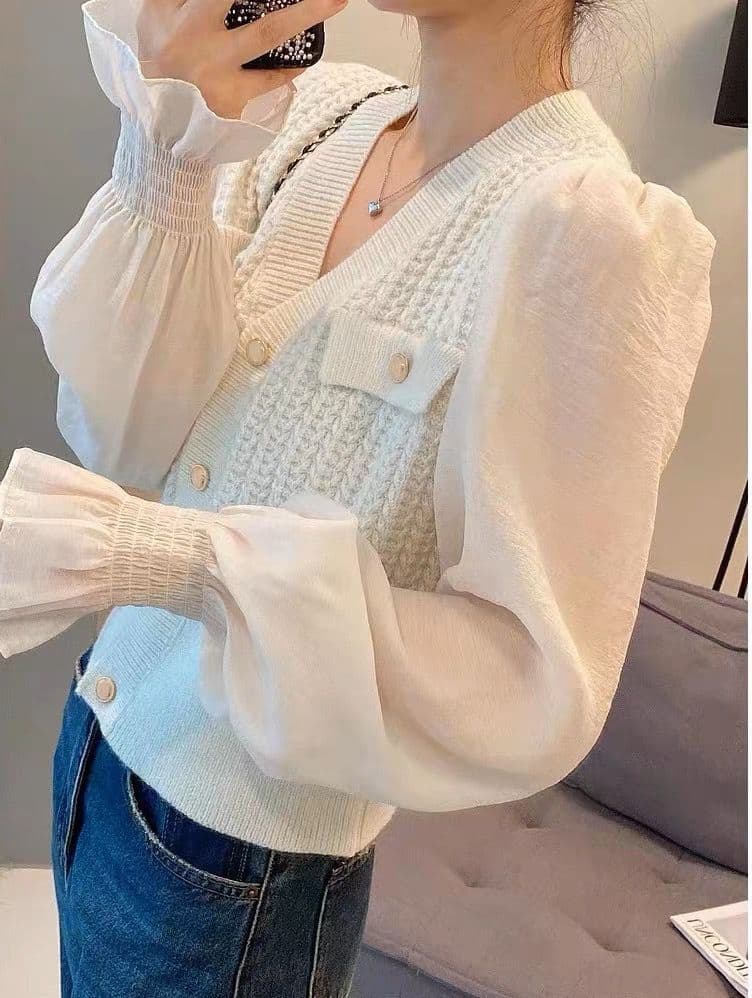 봄 가을 패션 V넥 프랑스식 골드 버클 패치워크 주간 실크 소매 밴딩 구두 캐주얼 다용도 슬림해 보이는 연령 감소 니트 스웨터 여성 상세 이미지 7