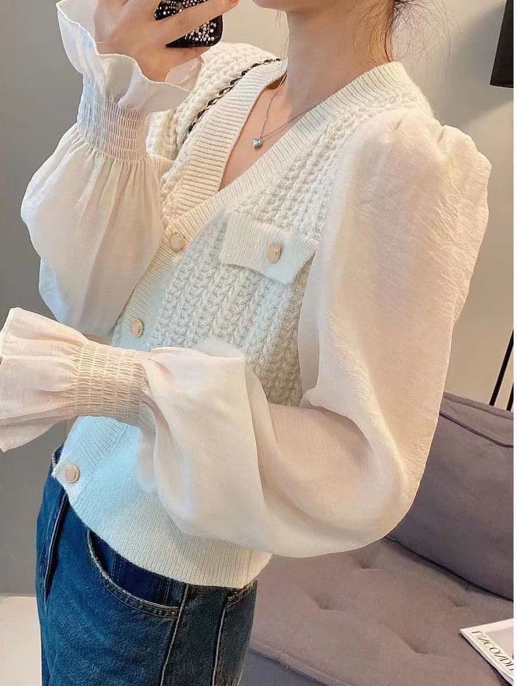 봄 가을 패션 V넥 프랑스식 골드 버클 패치워크 주간 실크 소매 밴딩 구두 캐주얼 다용도 슬림해 보이는 연령 감소 니트 스웨터 여성 상세 이미지 9