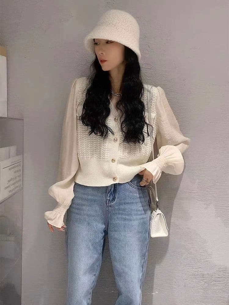봄 가을 패션 V넥 프랑스식 골드 버클 패치워크 주간 실크 소매 밴딩 구두 캐주얼 다용도 슬림해 보이는 연령 감소 니트 스웨터 여성 상세 이미지 11