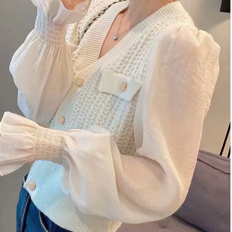 봄 가을 패션 V넥 프랑스식 골드 버클 패치워크 주간 실크 소매 밴딩 구두 캐주얼 다용도 슬림해 보이는 연령 감소 니트 스웨터 여성 상세 이미지 16