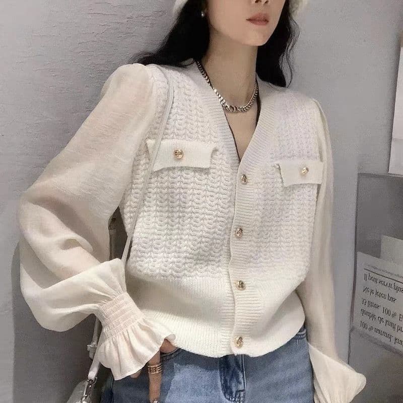봄 가을 패션 V넥 프랑스식 골드 버클 패치워크 주간 실크 소매 밴딩 구두 캐주얼 다용도 슬림해 보이는 연령 감소 니트 스웨터 여성 상세 이미지 17