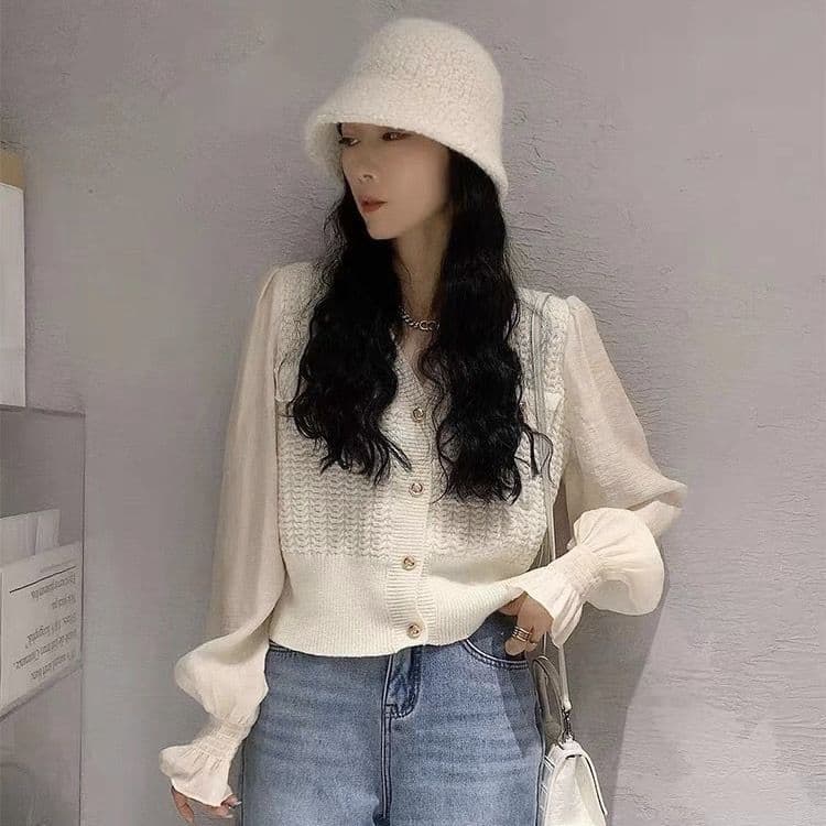 봄 가을 패션 V넥 프랑스식 골드 버클 패치워크 주간 실크 소매 밴딩 구두 캐주얼 다용도 슬림해 보이는 연령 감소 니트 스웨터 여성 상세 이미지 18