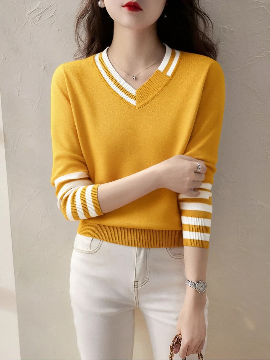 한 부서 V넥 패치워크 색상 스웨터 가을 새로운 패션 다용도 긴팔 맨위 루즈핏 슬림해 보이는 인사이드 가져 가라. 니트 기본 셔츠 상세 이미지 14