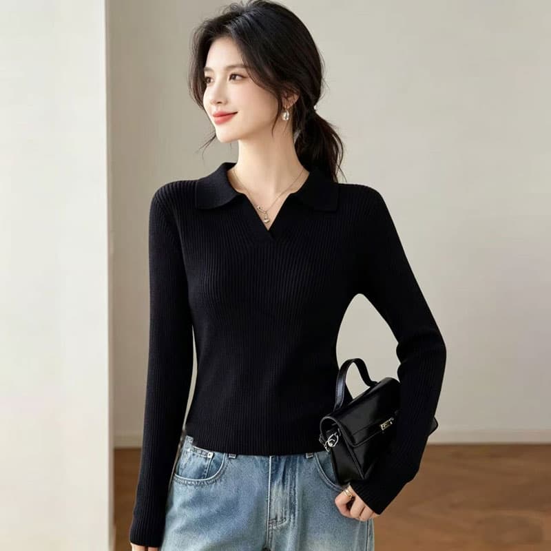 봄 가을 새로운 패션 니트 스웨터 여성 풀오버 POLO 칼라 몸매 가꾸기 슬림해 보이는 긴팔 단색 제비꼬리 디자인 센스 스웨터 상세 이미지 2