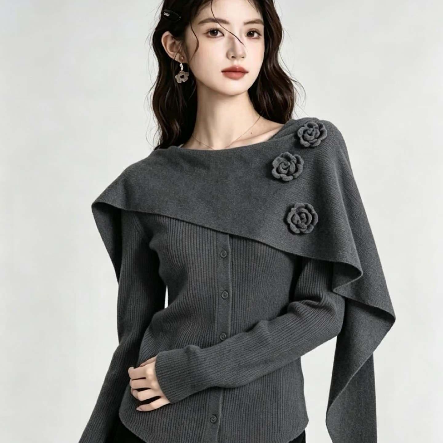 한 부서 3 차원 부드러운 꽃 고유 한 니트 스웨터 새로운 슬림해 보이는 몸매 가꾸기 가을 겨울 스웨터 긴팔 만나는 맨위 여성 상세 이미지 2