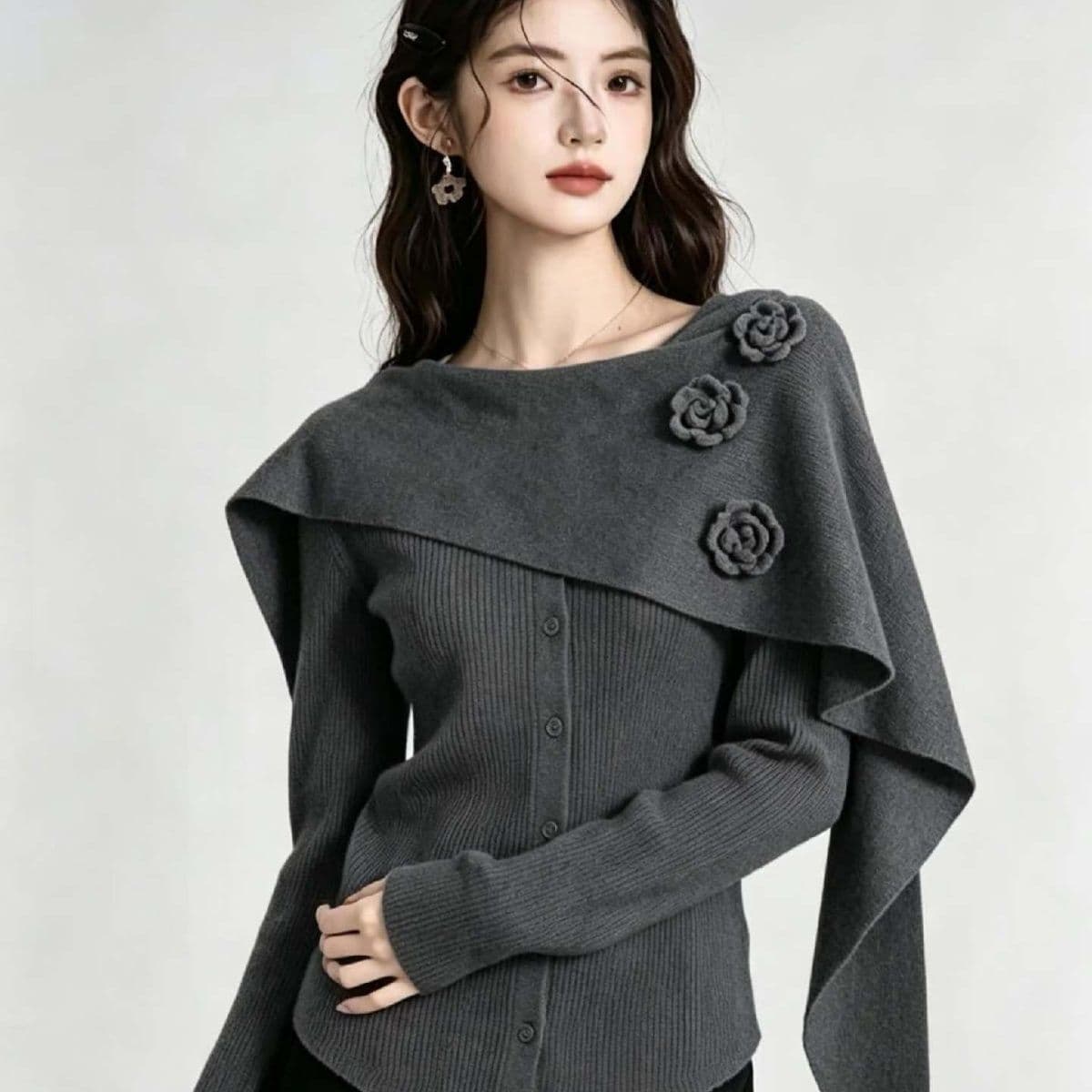 한 부서 3 차원 부드러운 꽃 고유 한 니트 스웨터 새로운 슬림해 보이는 몸매 가꾸기 가을 겨울 스웨터 긴팔 만나는 맨위 여성 상세 이미지 9