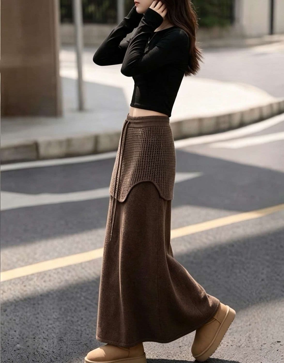 한 부서 디자인 센스 패치워크 방귀 커튼 어두운 회색 니트 펌프 로프 반신 스커트 여성 가을 겨울 새로운 슬림해 보이는 다용도 롱 스커트 상세 이미지 16