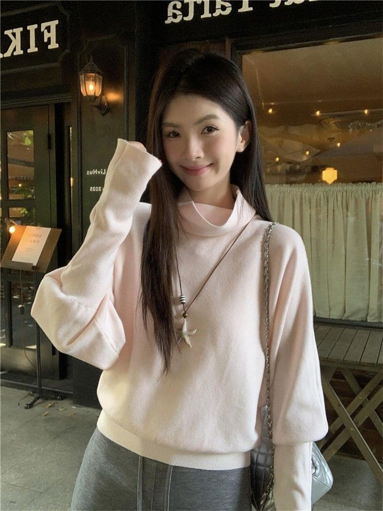자이언트 잘 생긴 외출용 니트 스웨터 여성 봄 가을 말뚝 더미 칼라 프랑스식 사소한 고급 센스 슬림해 보이는 스웨터 인사이드 잡아라. 의류 여성 상세 이미지 14