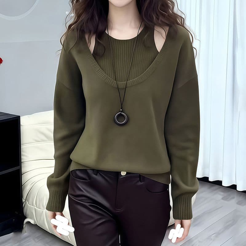 느긋한 바람 녹색 페이크 레이어드 스웨터 여자 봄 2026 새로운 니트 스웨터 루즈핏 슬림해 보이는 인사이드 가져 가라. 만나는 맨위 이미지 2