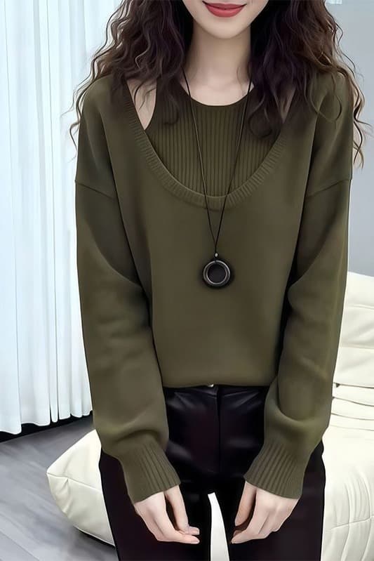 느긋한 바람 녹색 페이크 레이어드 스웨터 여자 봄 2026 새로운 니트 스웨터 루즈핏 슬림해 보이는 인사이드 가져 가라. 만나는 맨위 이미지 6