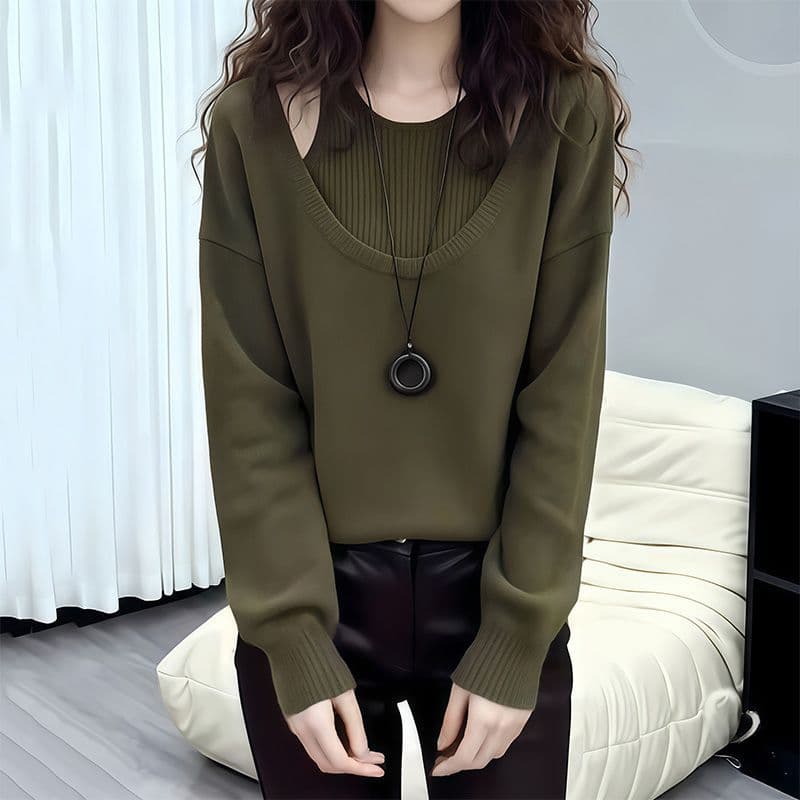 느긋한 바람 녹색 페이크 레이어드 스웨터 여자 봄 2026 새로운 니트 스웨터 루즈핏 슬림해 보이는 인사이드 가져 가라. 만나는 맨위 상세 이미지 5