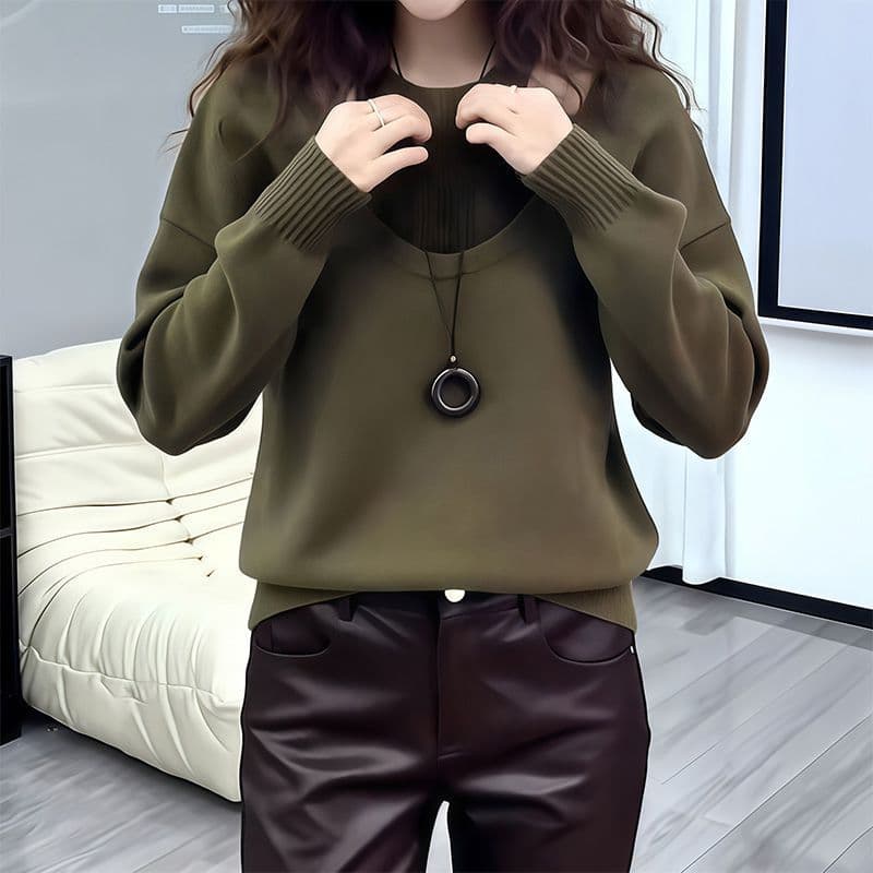 느긋한 바람 녹색 페이크 레이어드 스웨터 여자 봄 2026 새로운 니트 스웨터 루즈핏 슬림해 보이는 인사이드 가져 가라. 만나는 맨위 상세 이미지 6