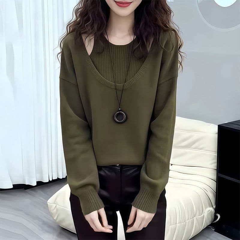 느긋한 바람 녹색 페이크 레이어드 스웨터 여자 봄 2026 새로운 니트 스웨터 루즈핏 슬림해 보이는 인사이드 가져 가라. 만나는 맨위 상세 이미지 7
