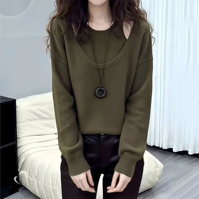 느긋한 바람 녹색 페이크 레이어드 스웨터 여자 봄 2026 새로운 니트 스웨터 루즈핏 슬림해 보이는 인사이드 가져 가라. 만나는 맨위 상세 이미지 8