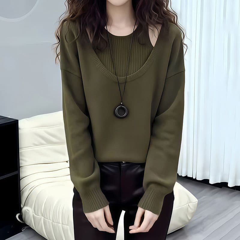 느긋한 바람 녹색 페이크 레이어드 스웨터 여자 봄 2026 새로운 니트 스웨터 루즈핏 슬림해 보이는 인사이드 가져 가라. 만나는 맨위 상세 이미지 12