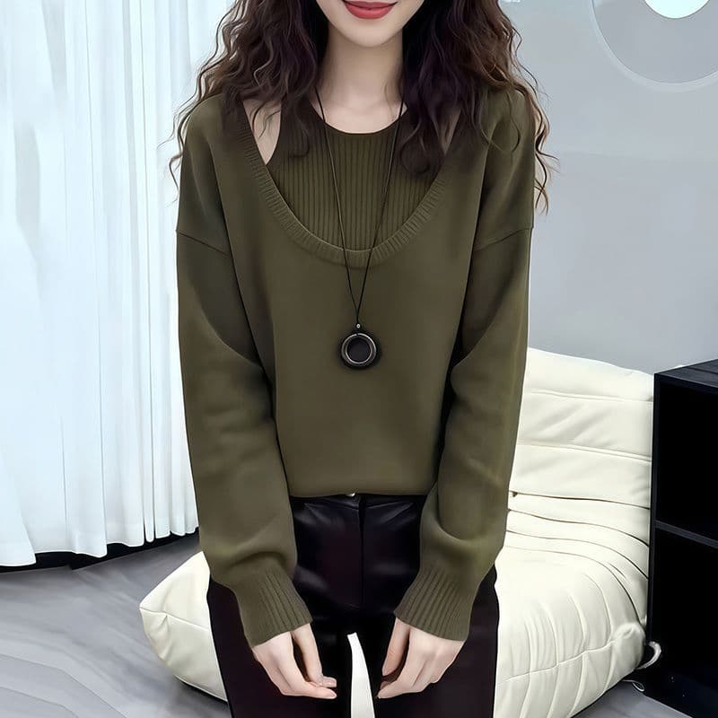 느긋한 바람 녹색 페이크 레이어드 스웨터 여자 봄 2026 새로운 니트 스웨터 루즈핏 슬림해 보이는 인사이드 가져 가라. 만나는 맨위 상세 이미지 13