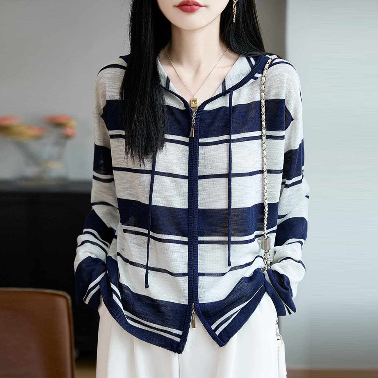봄 가을 패션 외부 가져 가라. 대나무 마디 마 니트 오픈 가디건 여성 얇은 스타일 이른 가을 새로운 품격 연령 감소 후드 스웨터 코트 이미지 2