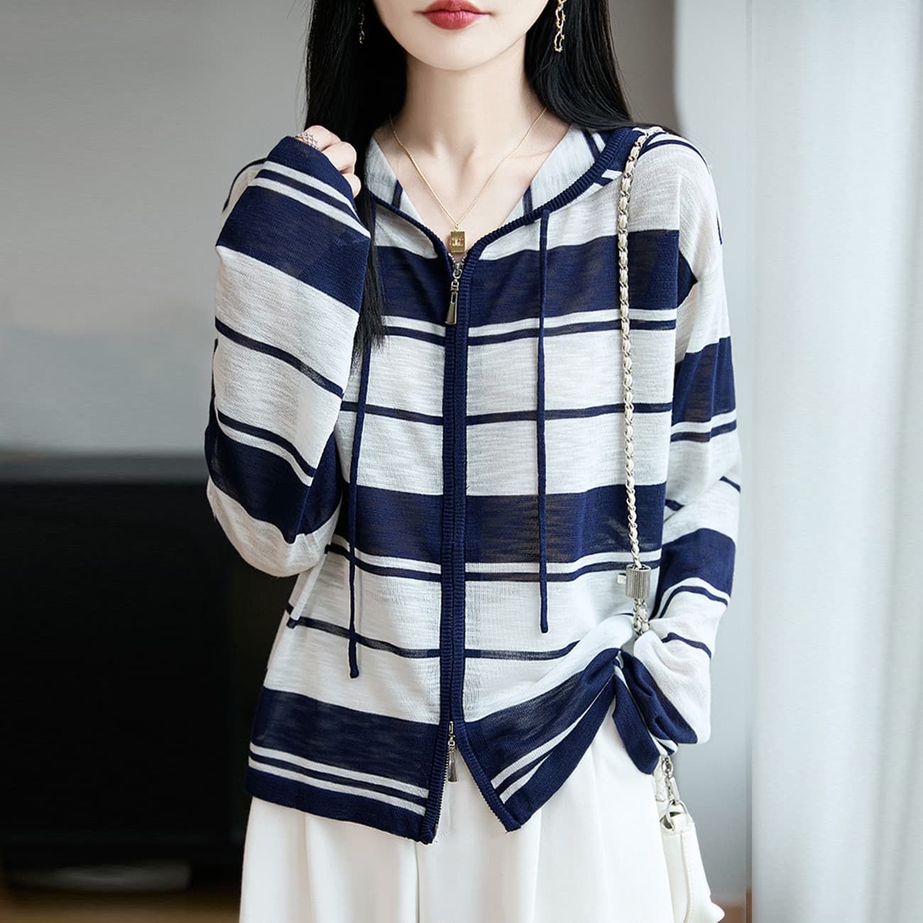 봄 가을 패션 외부 가져 가라. 대나무 마디 마 니트 오픈 가디건 여성 얇은 스타일 이른 가을 새로운 품격 연령 감소 후드 스웨터 코트 이미지 5