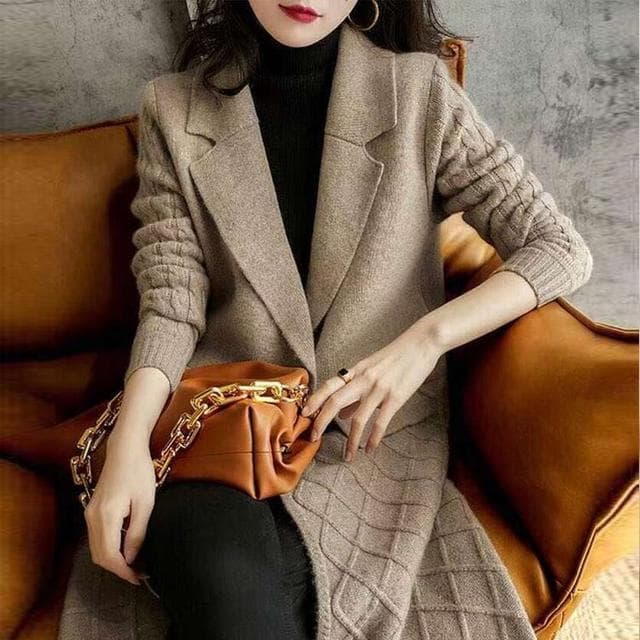 프랑스식 가을 겨울 새로운 패션 코트 오픈 가디건 중간 길이 루즈핏 니트 스웨터 단색 두꺼운 스웨터 여자 여성 코트 상세 이미지 4