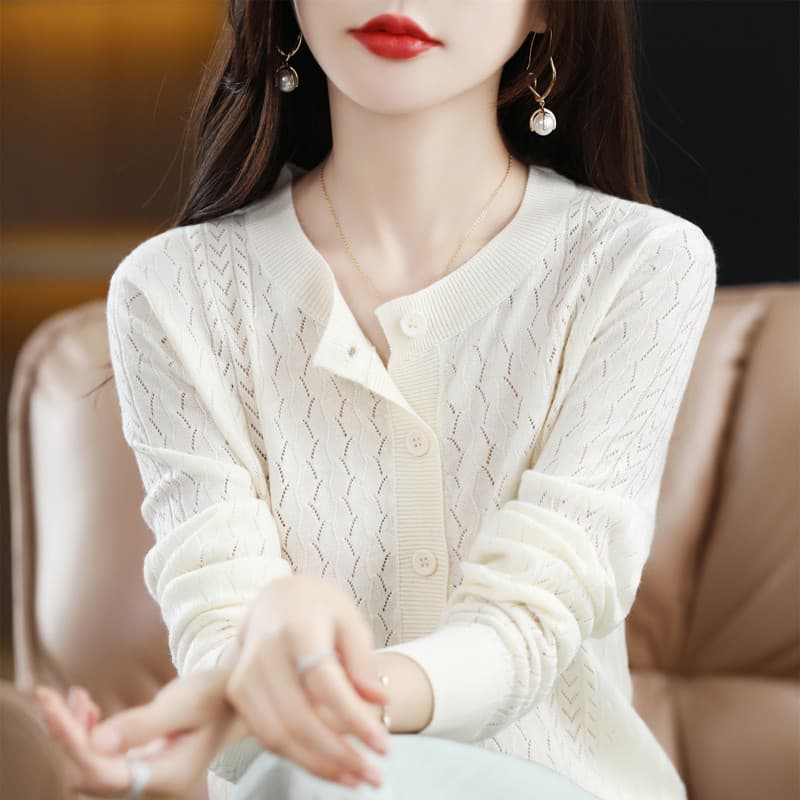 봄 가을 홀로우 아웃 니트 오픈 가디건 여성 양모 재킷 루즈핏 라운드 넥 긴팔 만나는 맨위 외부 가져 가라. 얇은 스타일 에어컨 셔츠 상세 이미지 24