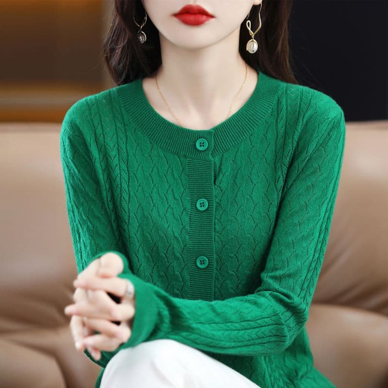 봄 가을 홀로우 아웃 니트 오픈 가디건 여성 양모 재킷 루즈핏 라운드 넥 긴팔 만나는 맨위 외부 가져 가라. 얇은 스타일 에어컨 셔츠 상세 이미지 26