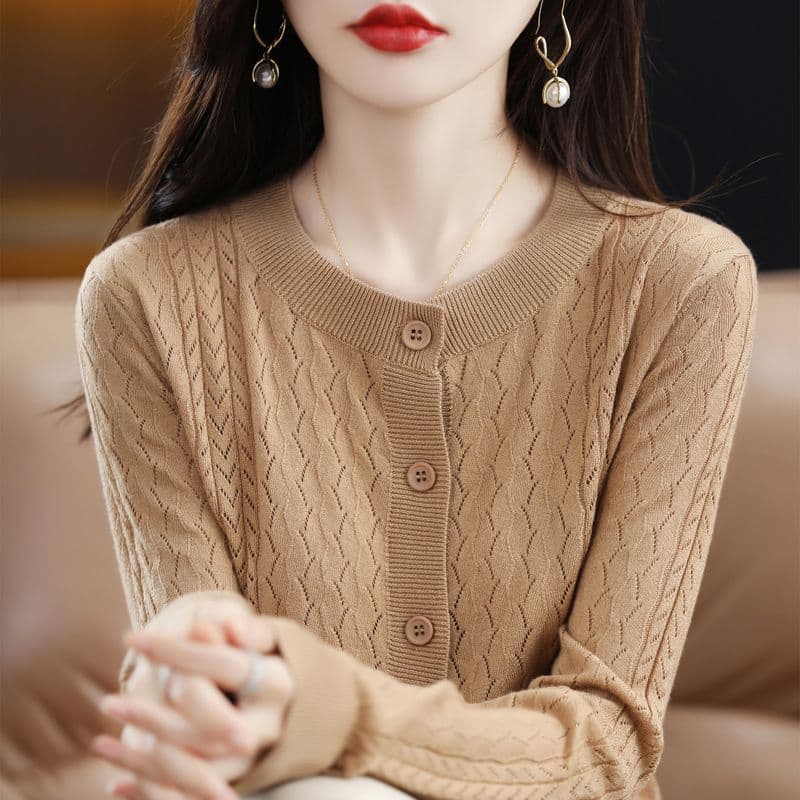 봄 가을 홀로우 아웃 니트 오픈 가디건 여성 양모 재킷 루즈핏 라운드 넥 긴팔 만나는 맨위 외부 가져 가라. 얇은 스타일 에어컨 셔츠 상세 이미지 27