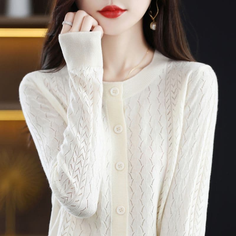 봄 가을 홀로우 아웃 니트 오픈 가디건 여성 양모 재킷 루즈핏 라운드 넥 긴팔 만나는 맨위 외부 가져 가라. 얇은 스타일 에어컨 셔츠 상세 이미지 31