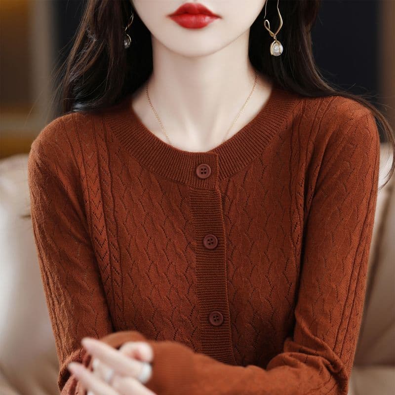 봄 가을 홀로우 아웃 니트 오픈 가디건 여성 양모 재킷 루즈핏 라운드 넥 긴팔 만나는 맨위 외부 가져 가라. 얇은 스타일 에어컨 셔츠 상세 이미지 34