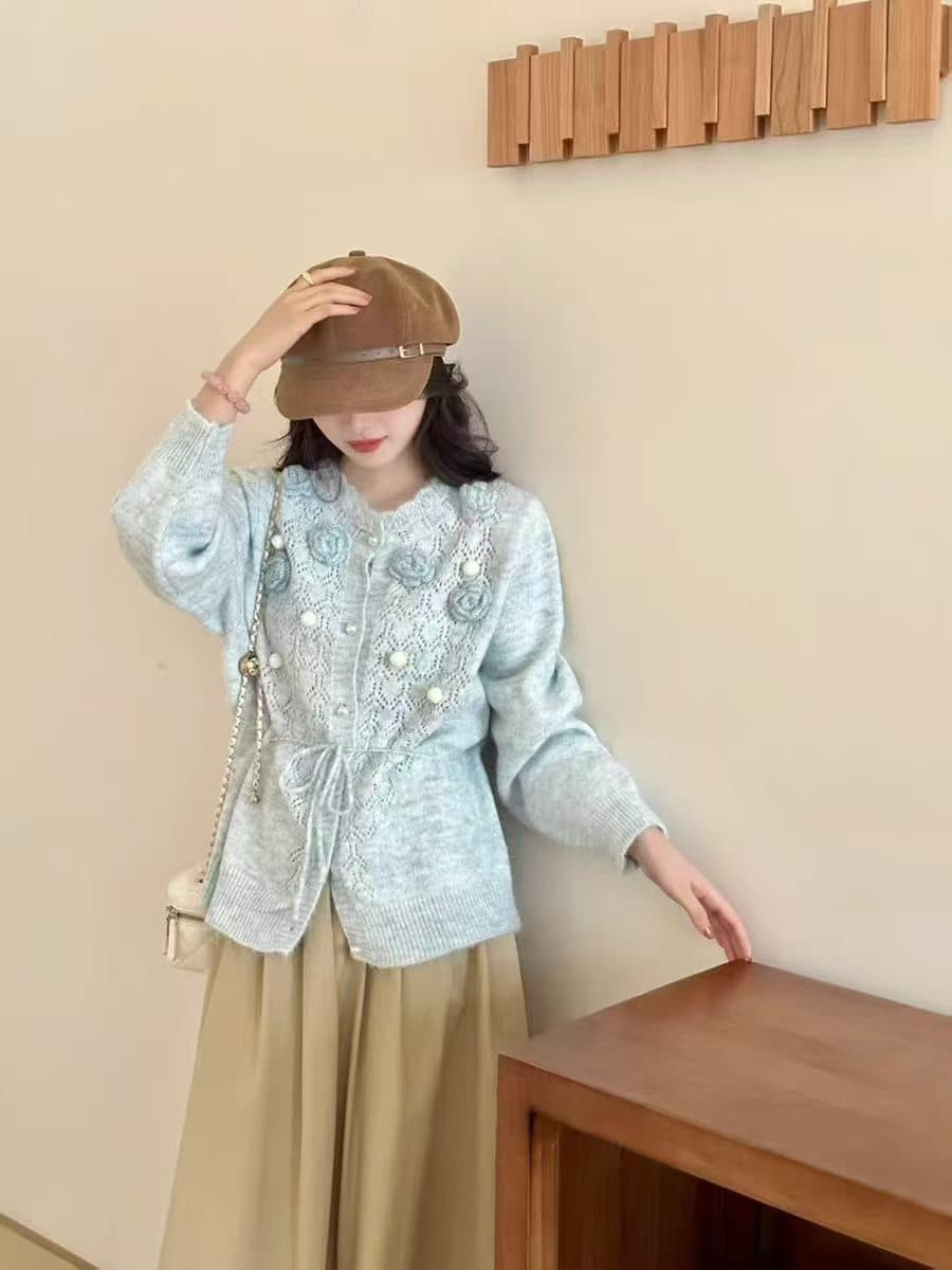 패션 무거운 작업 3 차원 꽃 홀로우 아웃 니트 오픈 가디건 여성 가을 지방 mm 슬림해 보이는 표지 고기 디자인 센스 스웨터 코트 상세 이미지 6
