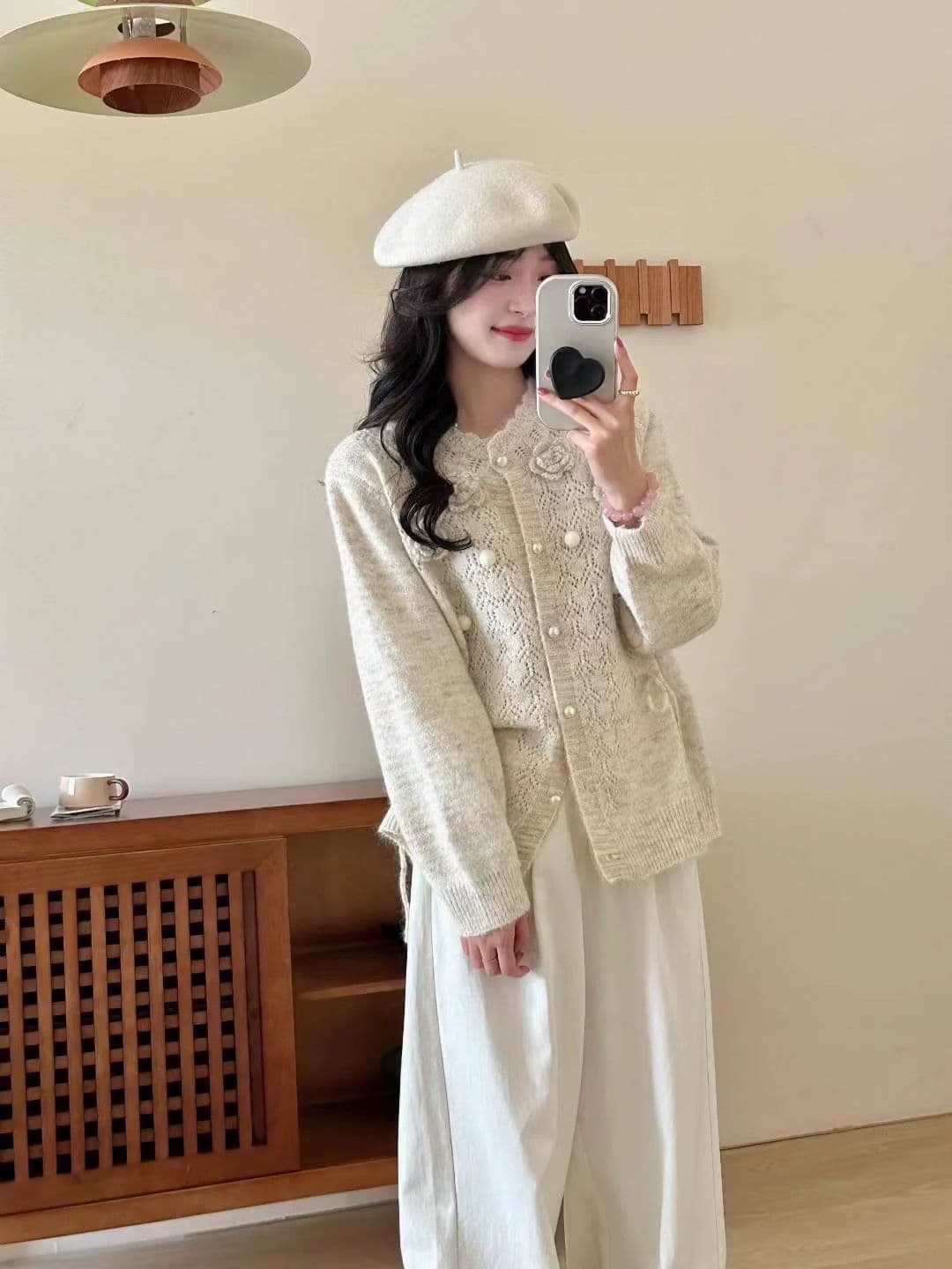 패션 무거운 작업 3 차원 꽃 홀로우 아웃 니트 오픈 가디건 여성 가을 지방 mm 슬림해 보이는 표지 고기 디자인 센스 스웨터 코트 상세 이미지 11