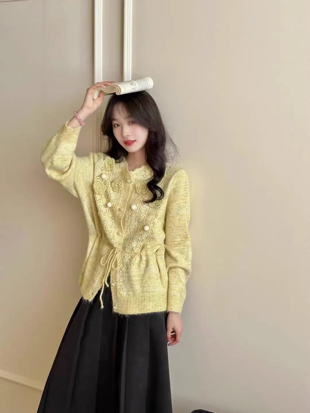 패션 무거운 작업 3 차원 꽃 홀로우 아웃 니트 오픈 가디건 여성 가을 지방 mm 슬림해 보이는 표지 고기 디자인 센스 스웨터 코트 상세 이미지 13