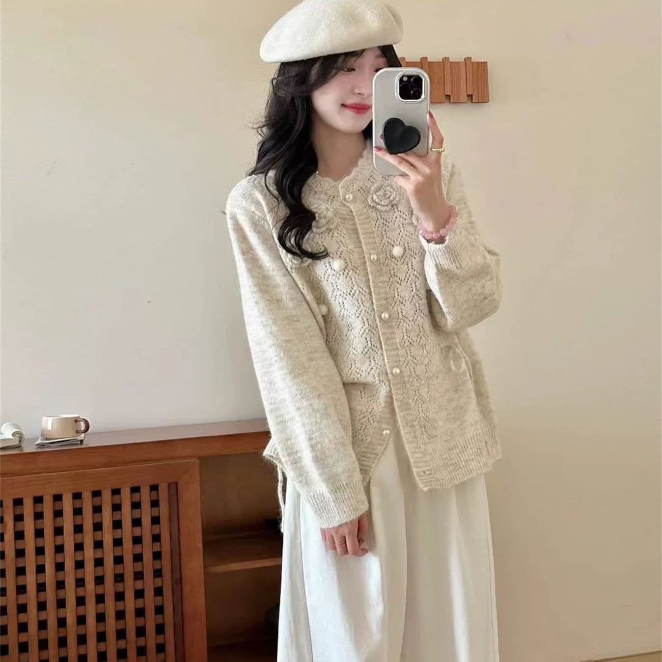 패션 무거운 작업 3 차원 꽃 홀로우 아웃 니트 오픈 가디건 여성 가을 지방 mm 슬림해 보이는 표지 고기 디자인 센스 스웨터 코트 상세 이미지 19